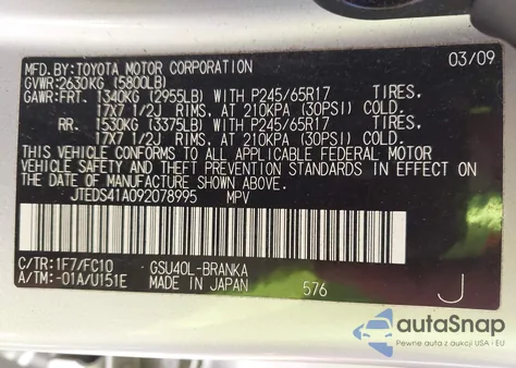 2009 Toyota Highlander z USA, uszkodzony, nr VIN JTEDS41A092078995